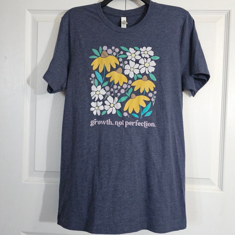 Uplifting Inspirational Womens‎ Tee Medium Blue Yellow White Floral Casual Layer